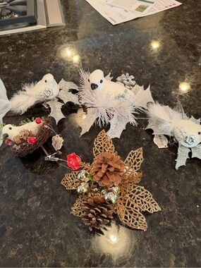 Festive Gold Pinecone & Bird Holiday Ornament Set and holiday bags and decor box